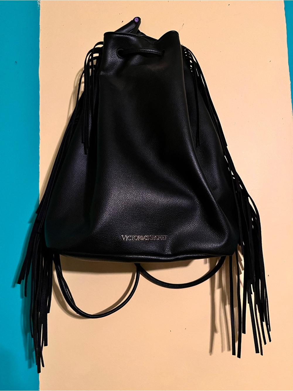Victoria's Secret Black Fringe Drawstring Backpack Bag